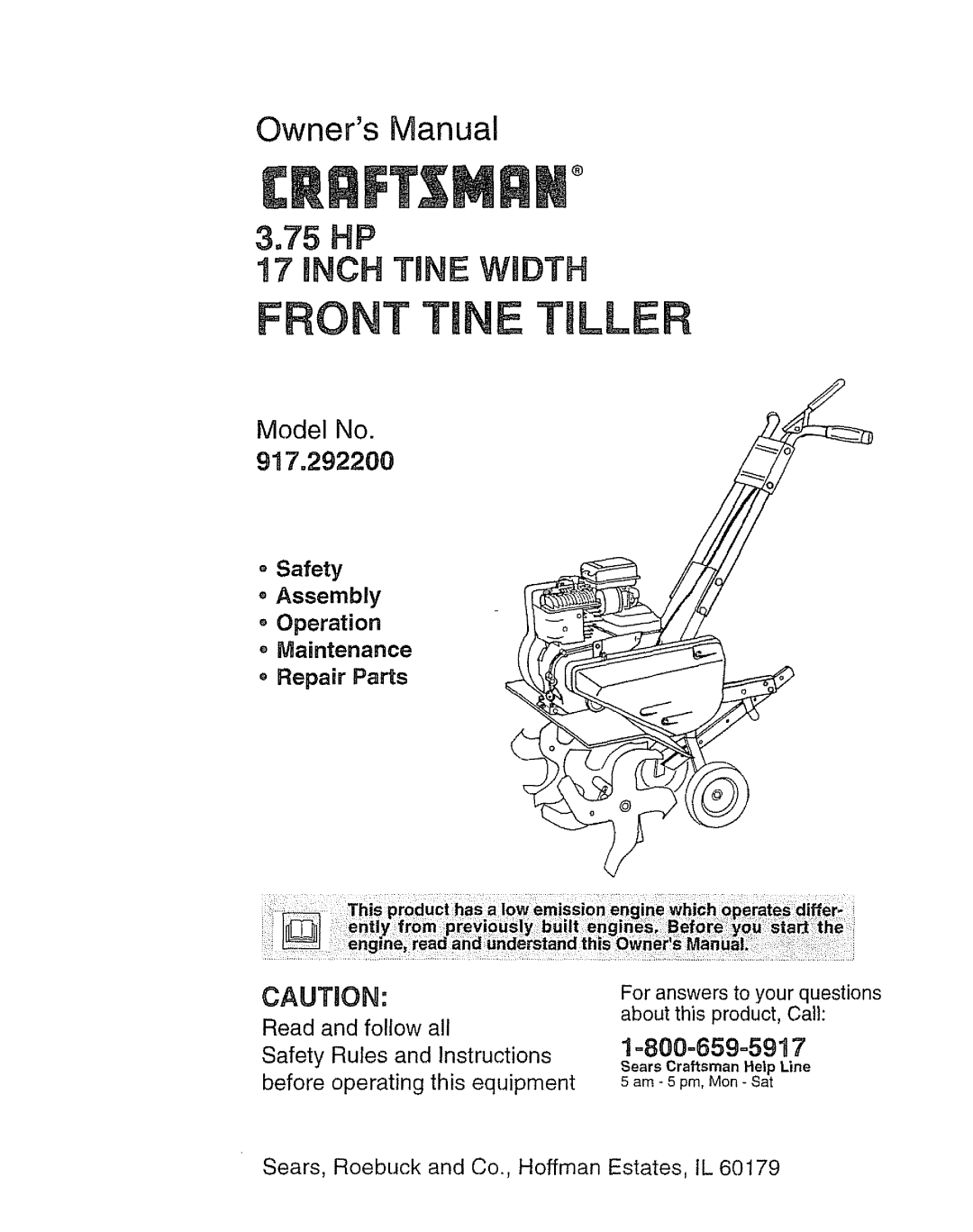 Craftsman 917.2922 owner manual Front Fine Tiller, Sears Craftsman Help Line 