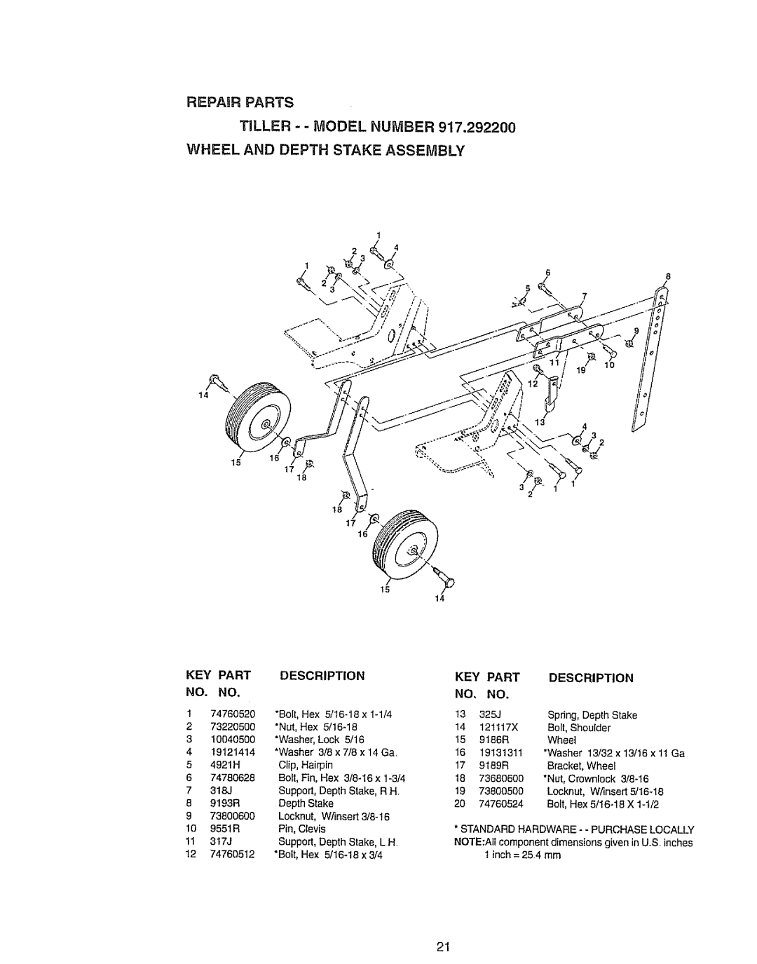 Craftsman 917.2922 owner manual Wheel and Depth Stake Assembly, KEY Part Description NO. no 