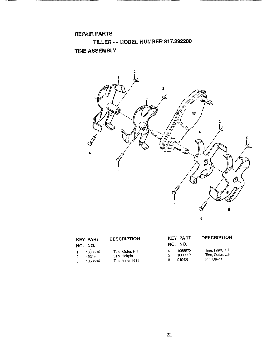 Craftsman 917.2922 owner manual Tine Assembly 