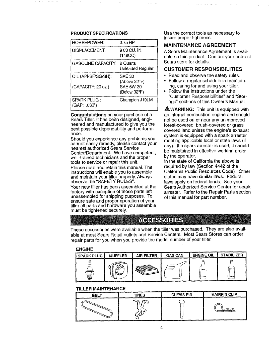 Craftsman 917.2922 Customer Responsibilities, Product Specifications, Gap, Maintenance Agreement, Tiller Maintenance 