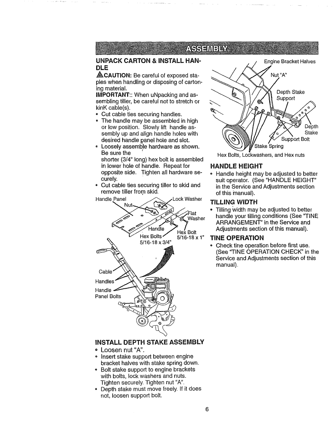 Craftsman 917.2922 owner manual Handle Height, Unpack Carton & Install HAN DLE, Tilling Width, Tine Operation 