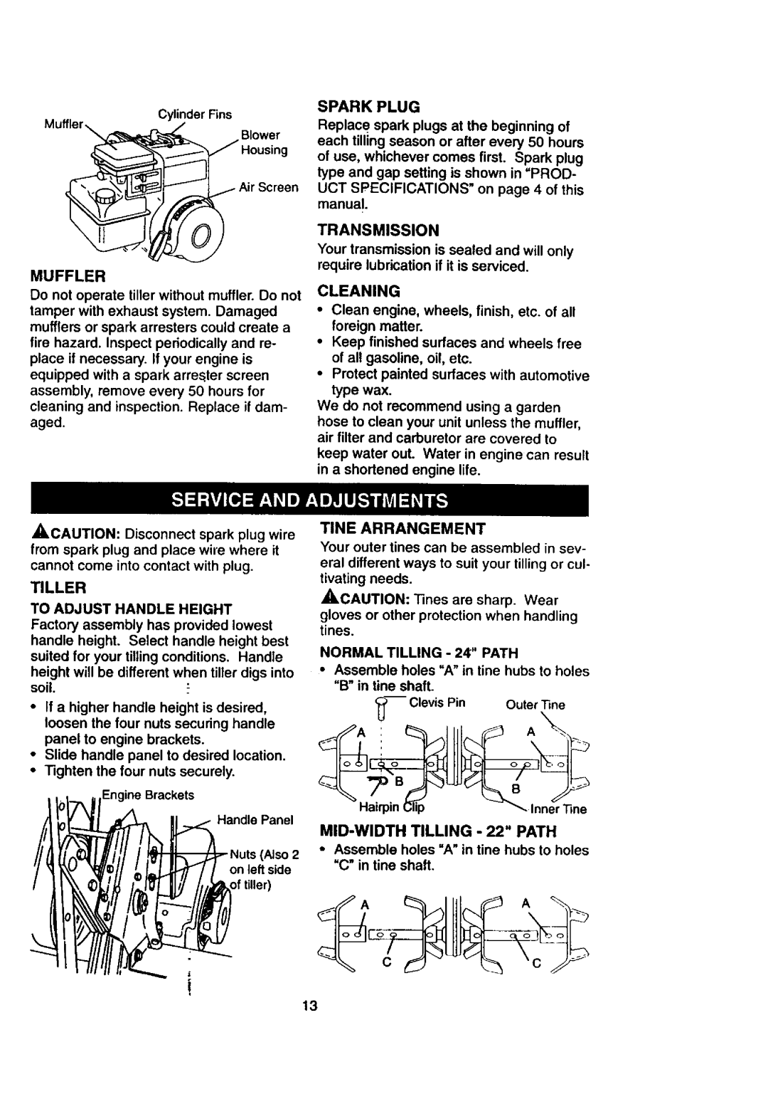 Craftsman 917.29239 owner manual Tiller, Muffler, Transmission, Cleaning, MID-WIDTH Tilling . Path 