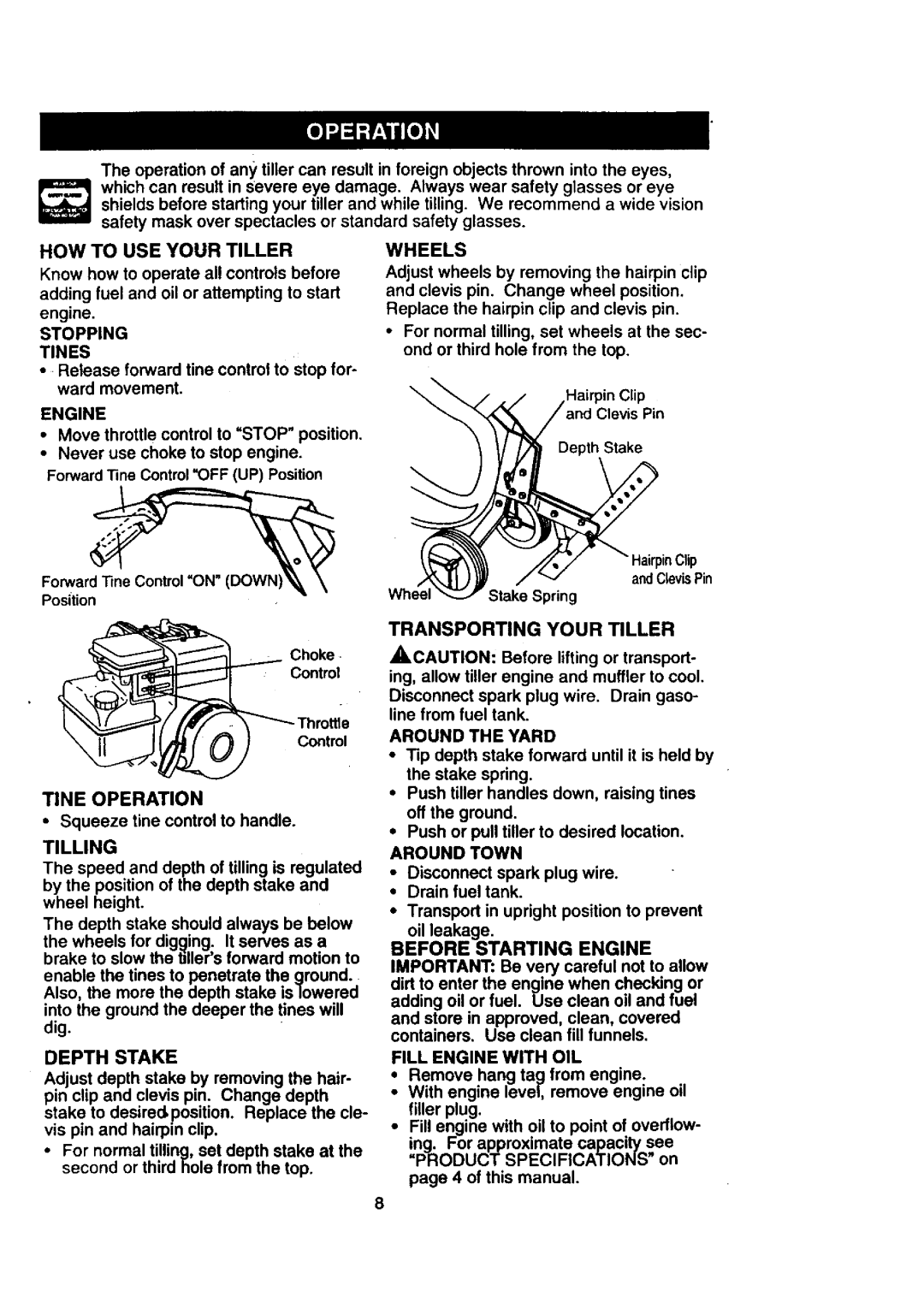 Craftsman 917.29239 owner manual Depth Stake, Tilling, Transporting Your Tiller 