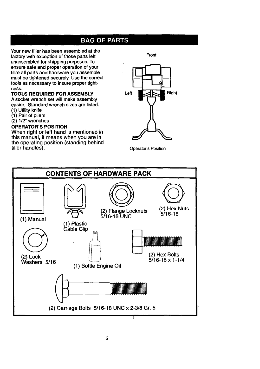 Craftsman 917.29239 owner manual Contents Of Hardware Pack, tiller handles, Manual, Bottle Engine Oil 