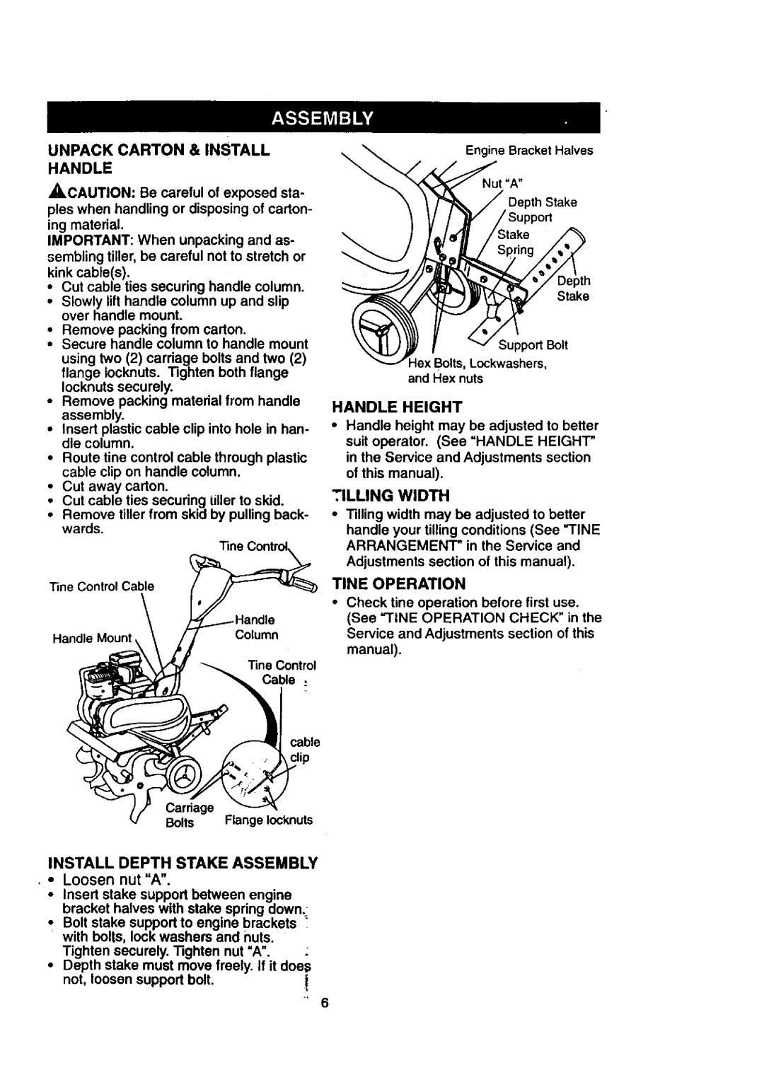 Craftsman 917.29239 owner manual Tilling Width, • Loosen nut A, with bolts, lock washers and nuts, Tine 