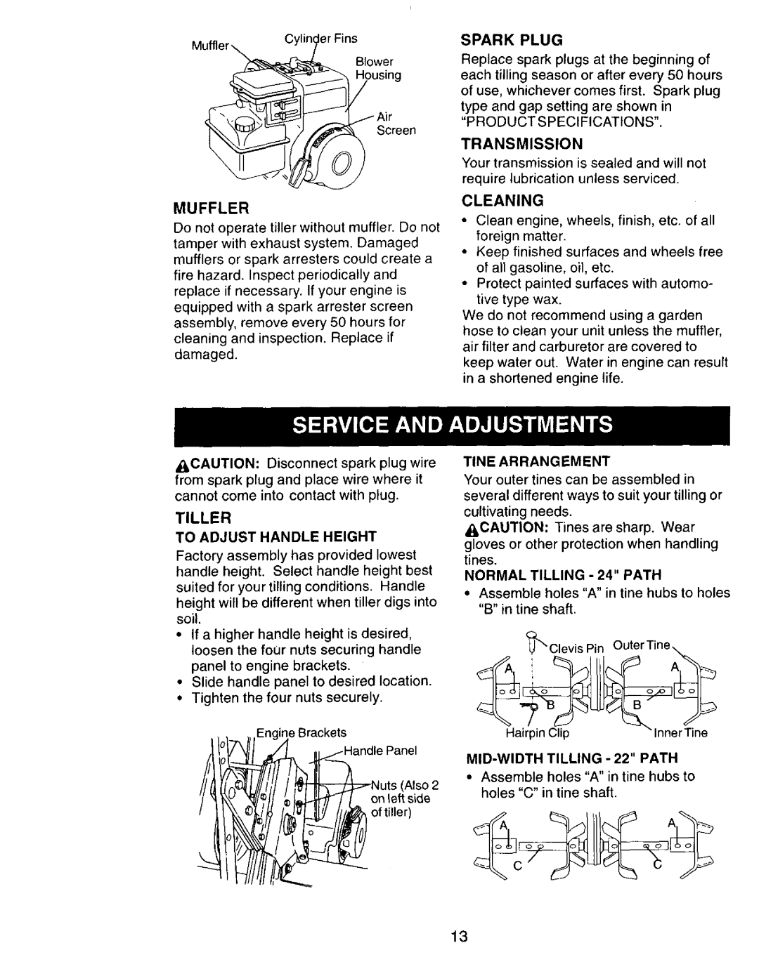 Craftsman 917.292394 owner manual Muffler, Tiller, Spark Plug, Transmission 