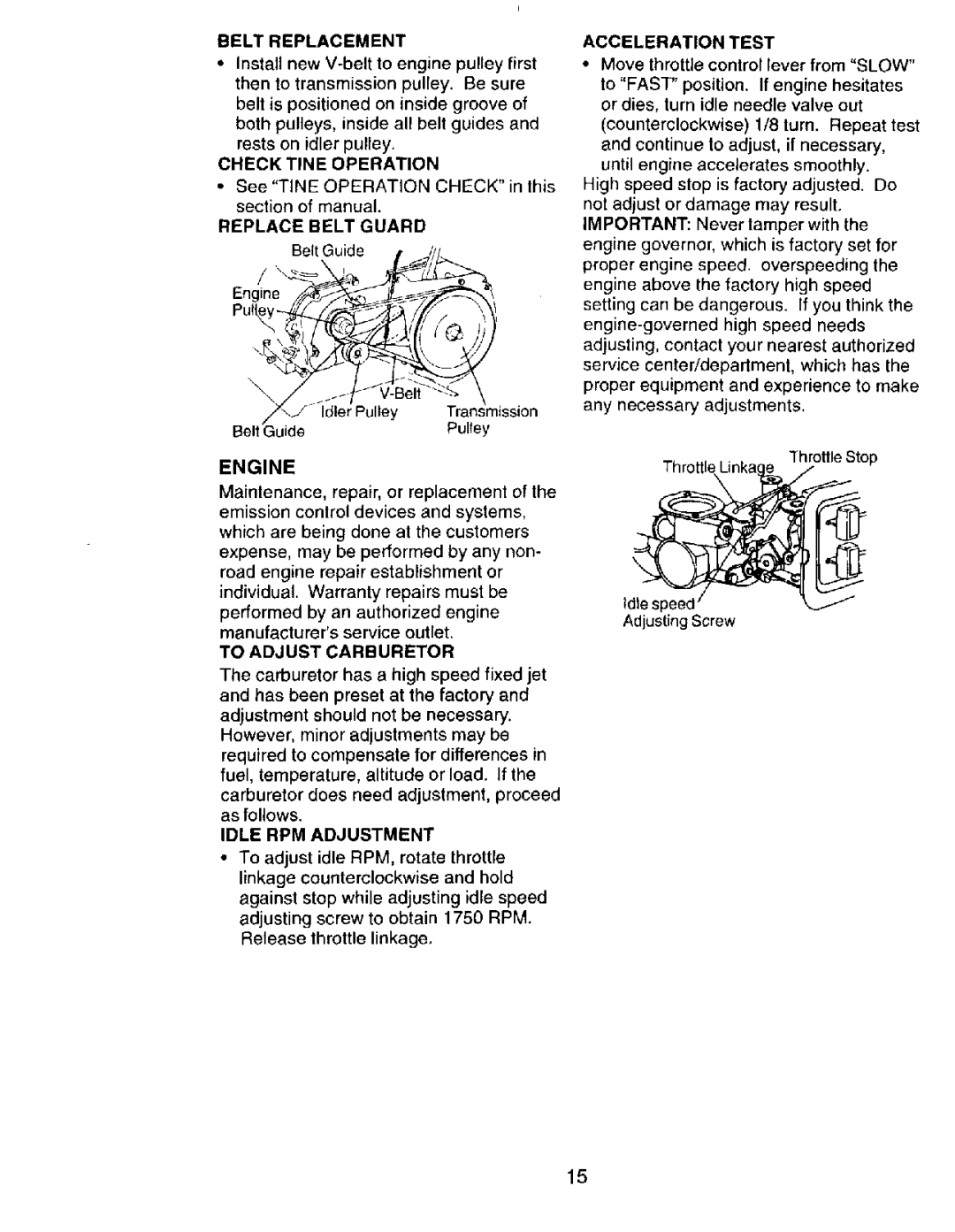 Craftsman 917.292394 owner manual Belt Replacement, Replace Belt Guard, Idle RPM Adjustment, Acceleration Test 