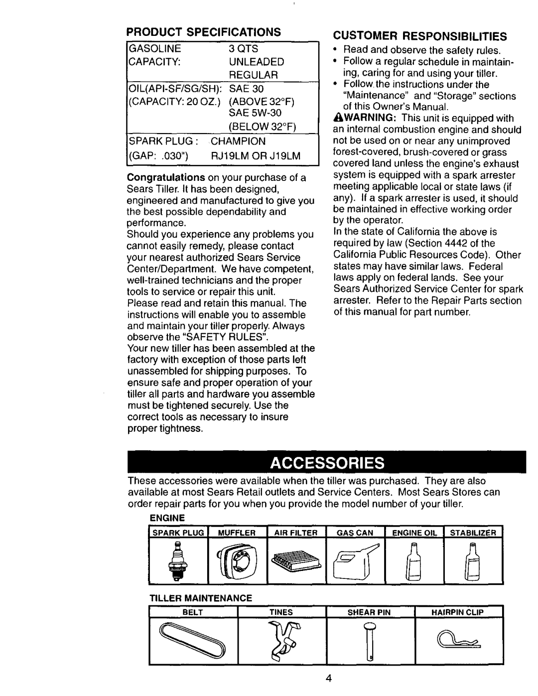 Craftsman 917.292394 owner manual Specifications, Customer Responsibilities 