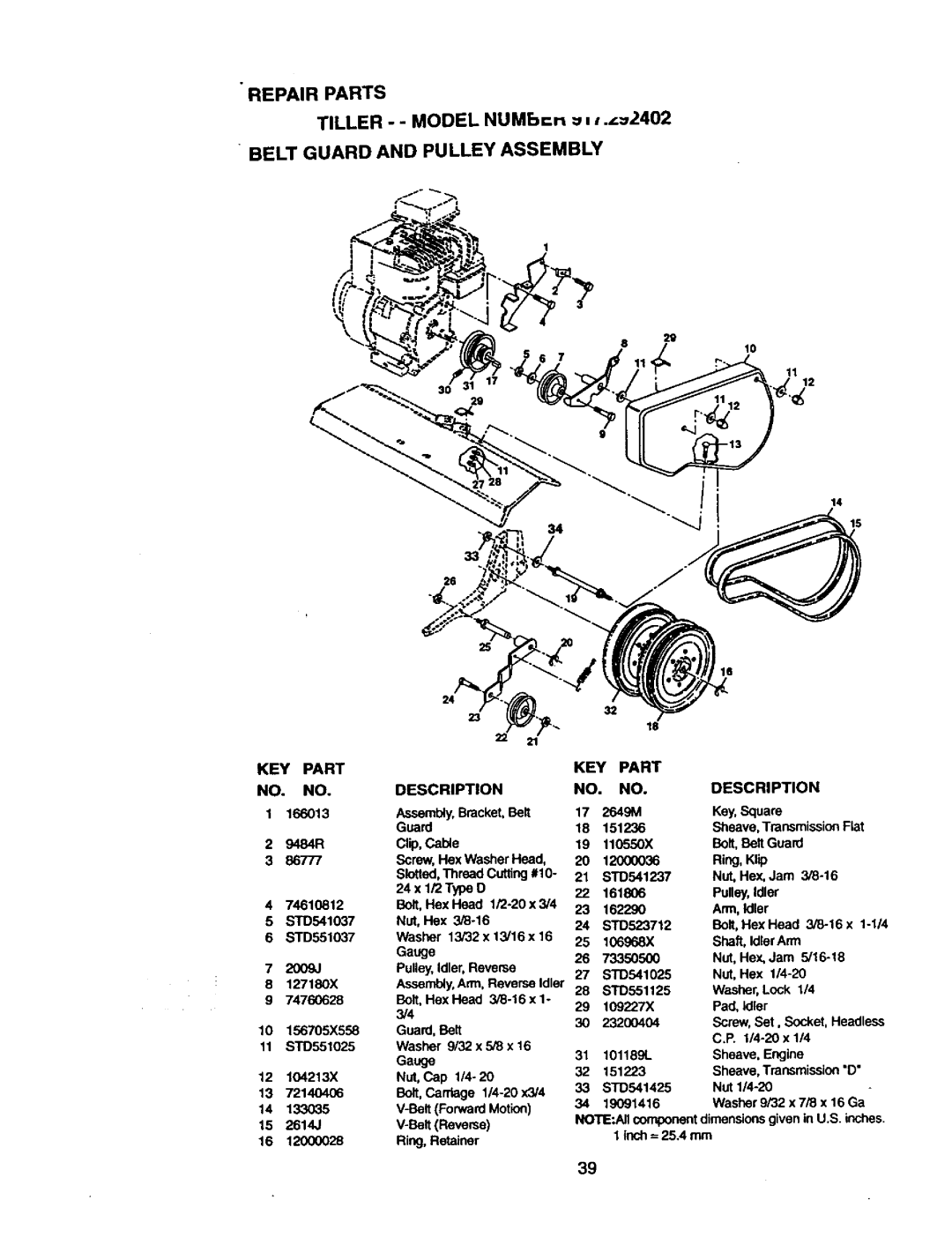 Craftsman 917.292402 owner manual Repair Parts, Belt Guard and Pulley Assembly, KEY Part NO. no, KEY Part Description 