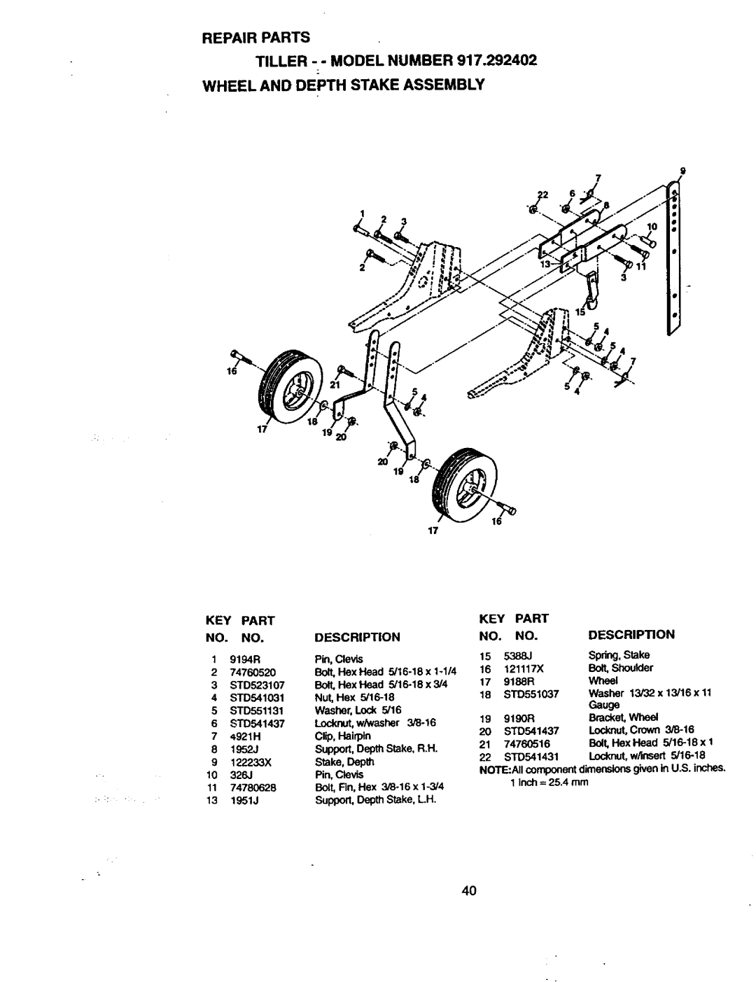 Craftsman 917.292402 owner manual Wheel and Depth Stake Assembly 