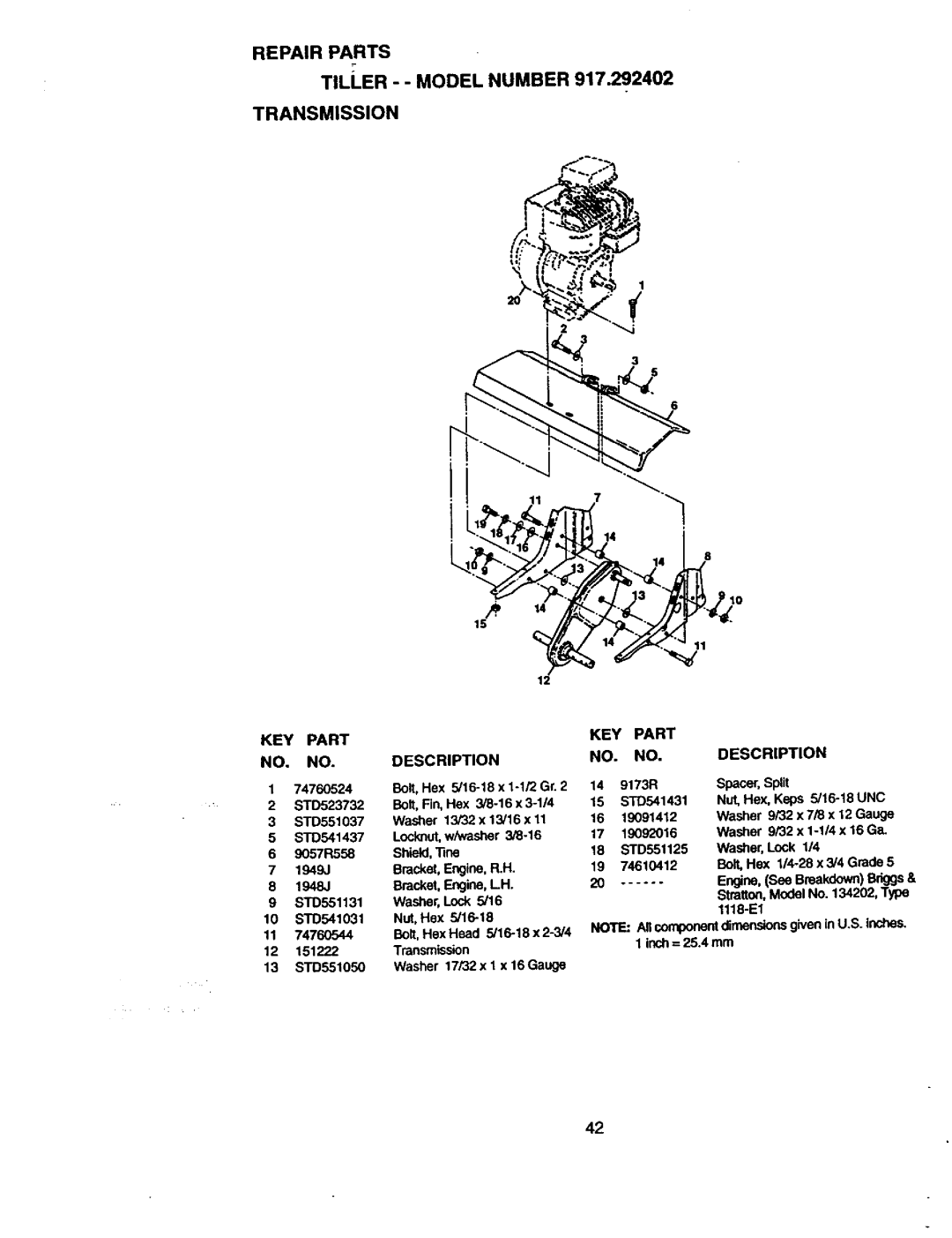 Craftsman 917.292402 owner manual Transmission, KEY Part NO. NO, Description 