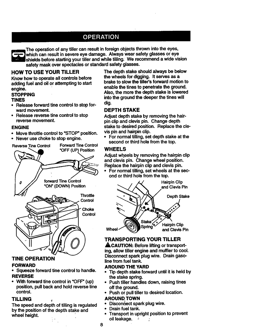 Craftsman 917.292402 Tine Operation Forward, Reverse, Tilling, Transporting Your Tiller, Around the Yard, AROUND. Town 