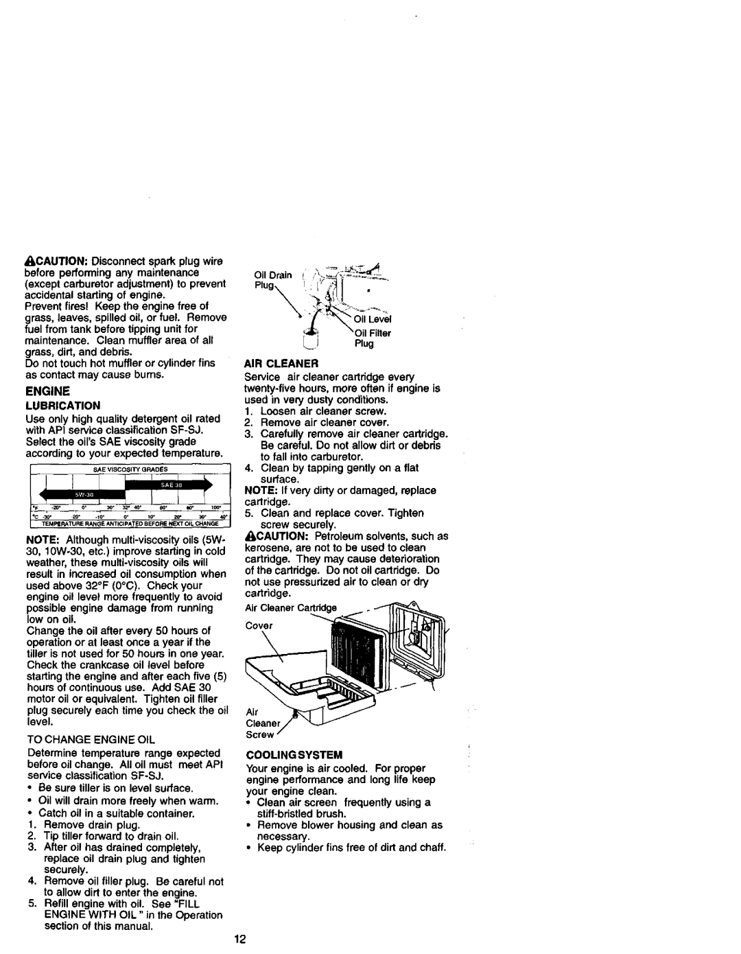 Craftsman 917.29249 owner manual Possible engine damage from running low on oil, AIR Cleaner, Cooling System 