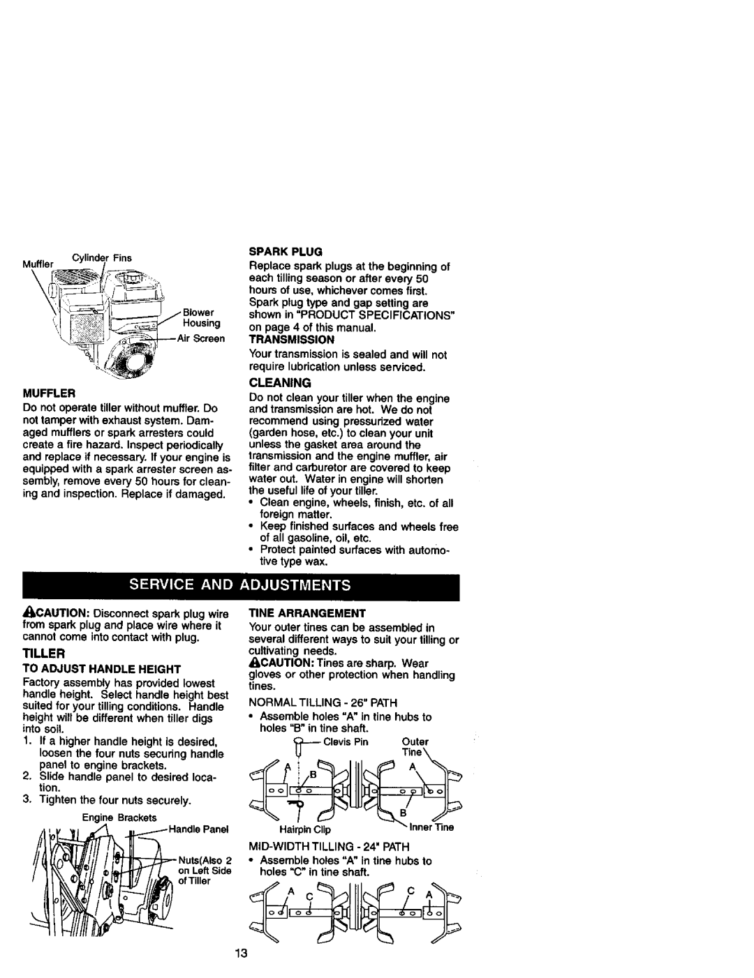 Craftsman 917.29249 owner manual Spark Plug, Transmission, Cleaning, Tiller To Adjust Handle Height, Tine Arrangement 