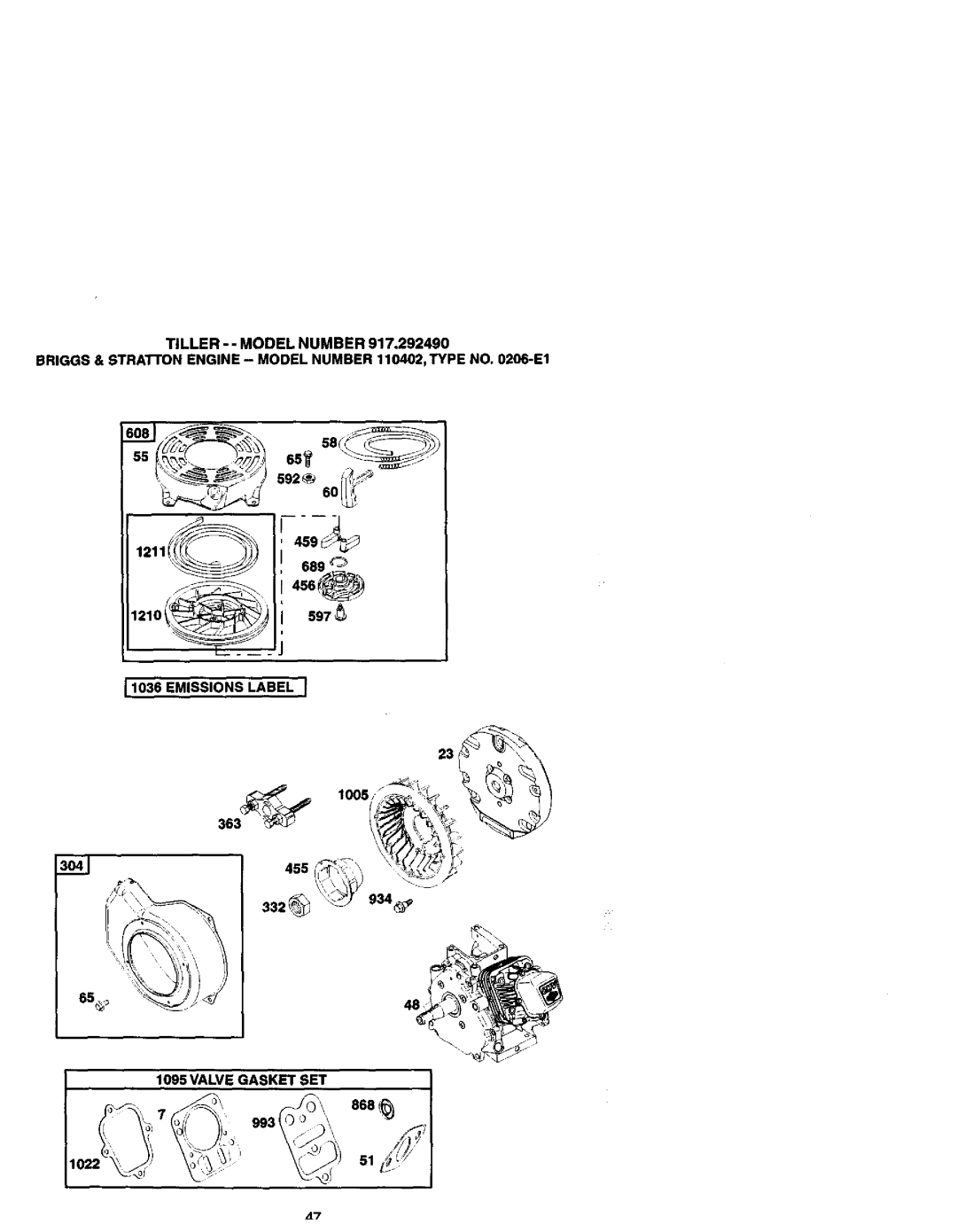 Craftsman 917.29249 owner manual 1211!--459, J1036 Emissions Label, 934, Valve Gasket SET 