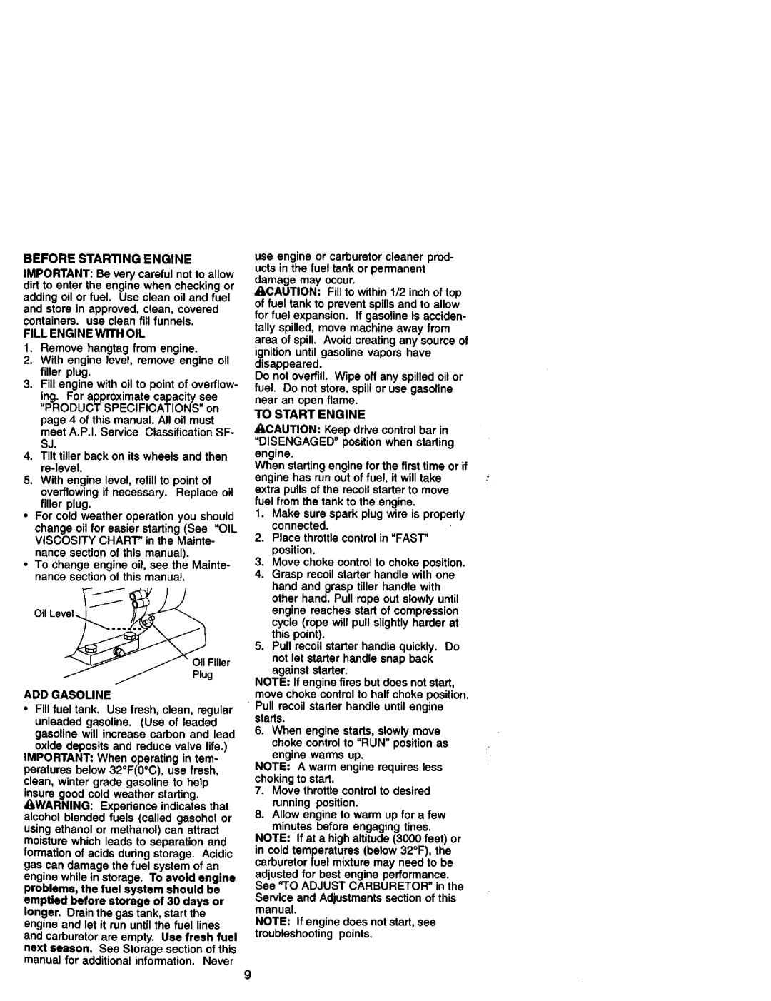 Craftsman 917.29249 Before Starting Engine, Fill Engine with OIL, ADD Gasoline, Damage may occur, To Start Engine 