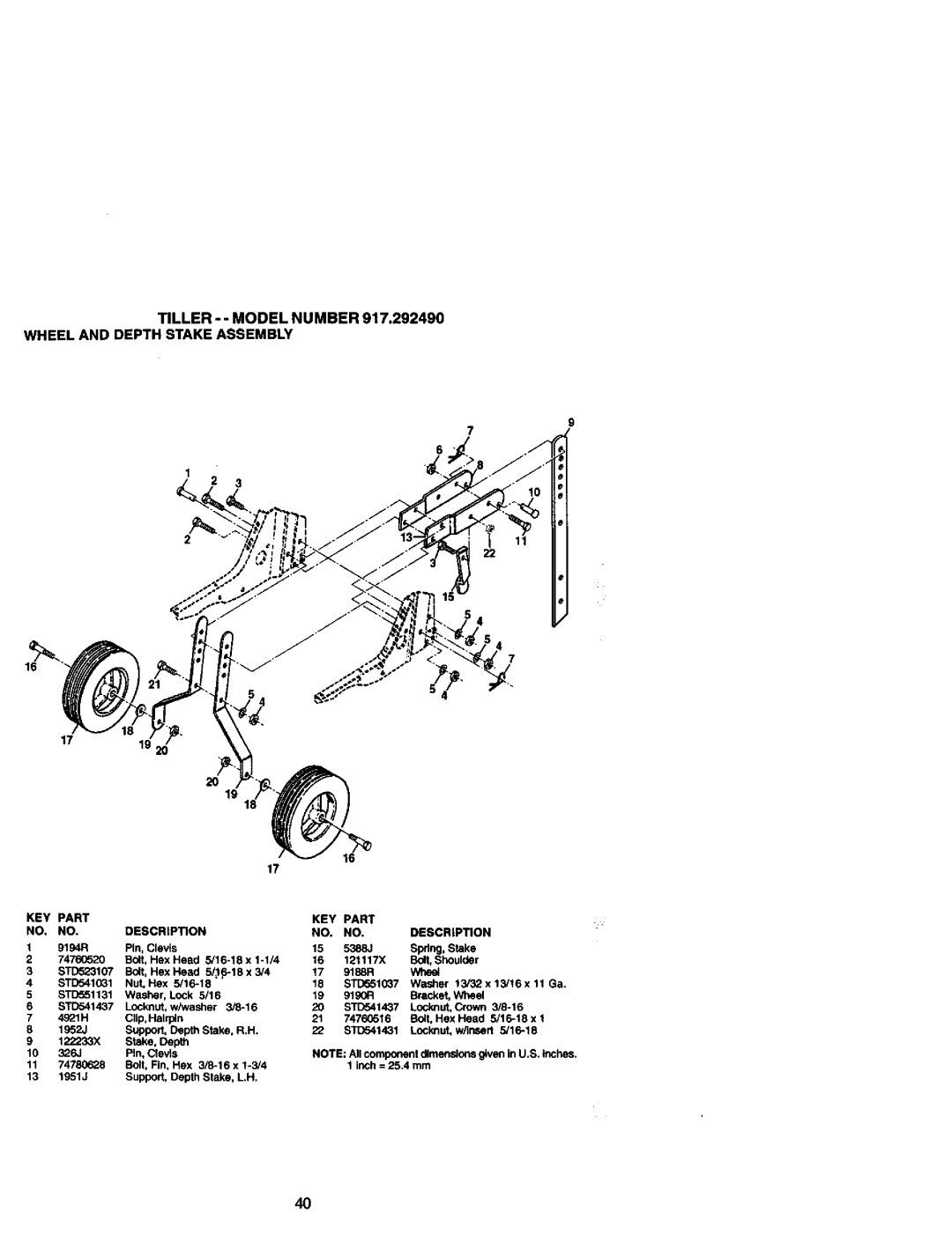 Craftsman 917.29249 owner manual Tiller - - Model Number, Wheel And Depth Stake Assembly, 17 19 2O, Inch= 25.4 mm 