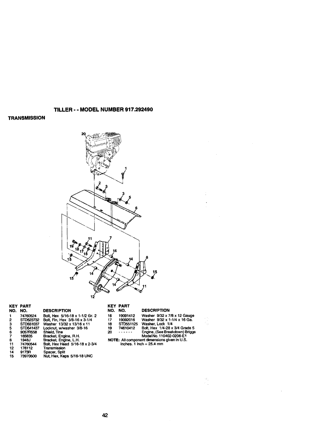 Craftsman 917.29249 owner manual Tiller - - Model Number Transmission 