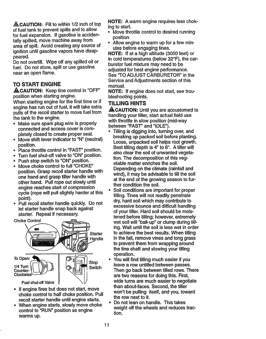 Craftsman 917.2933 owner manual To Start Engine, Tilling Hints 