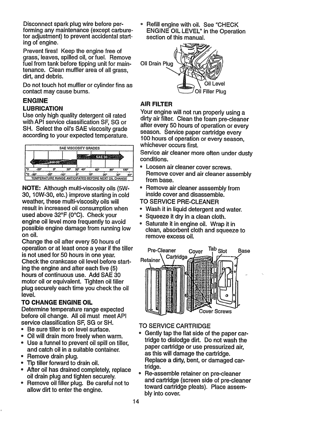 Craftsman 917.2933 Engine Lubrication, To Change Engine OIL, AIR Filter, To Service PRE-CLEANER, To Service Cartridge 