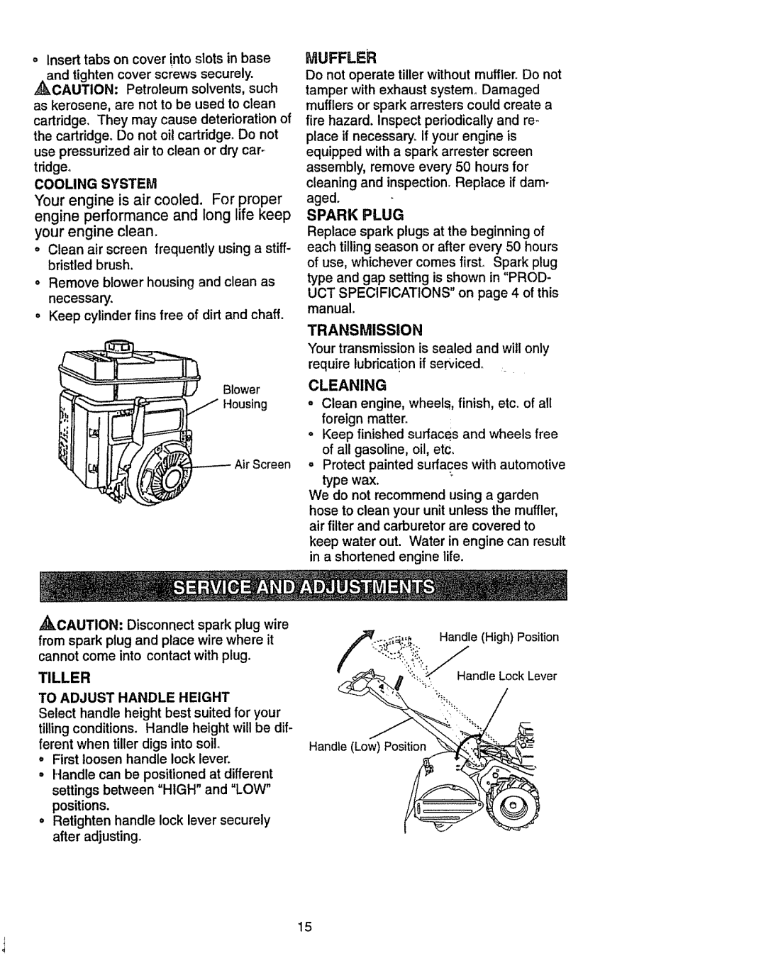 Craftsman 917.2933 owner manual Cooling System, Spark Plug, Transmission 