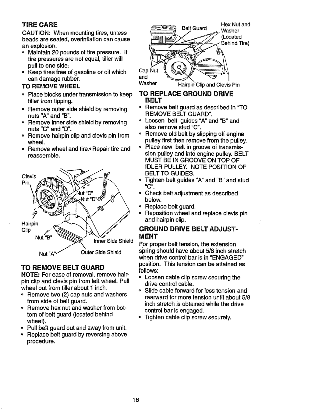 Craftsman 917.2933 owner manual To Remove Wheel, To Remove Belt Guard, To Replace Ground Drive Belt, Belt to Guides 