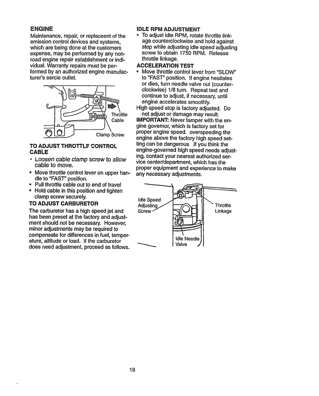 Craftsman 917.2933 Engine, To Adjust Throttl Control Cable, To Adjust Carburetor, Idle RPM Adjustment, Acceleration Test 