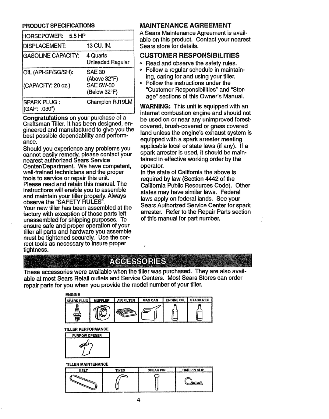 Craftsman 917.2933 owner manual Spark Plug, Gap, Maintenance Agreement 