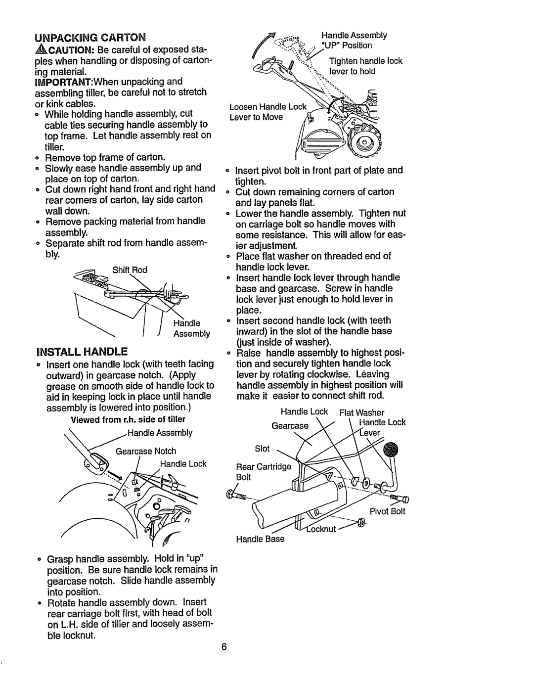 Craftsman 917.2933 owner manual Unpackbng Carton, Hnstall Handle, Viewed from r.h. side of tilter 