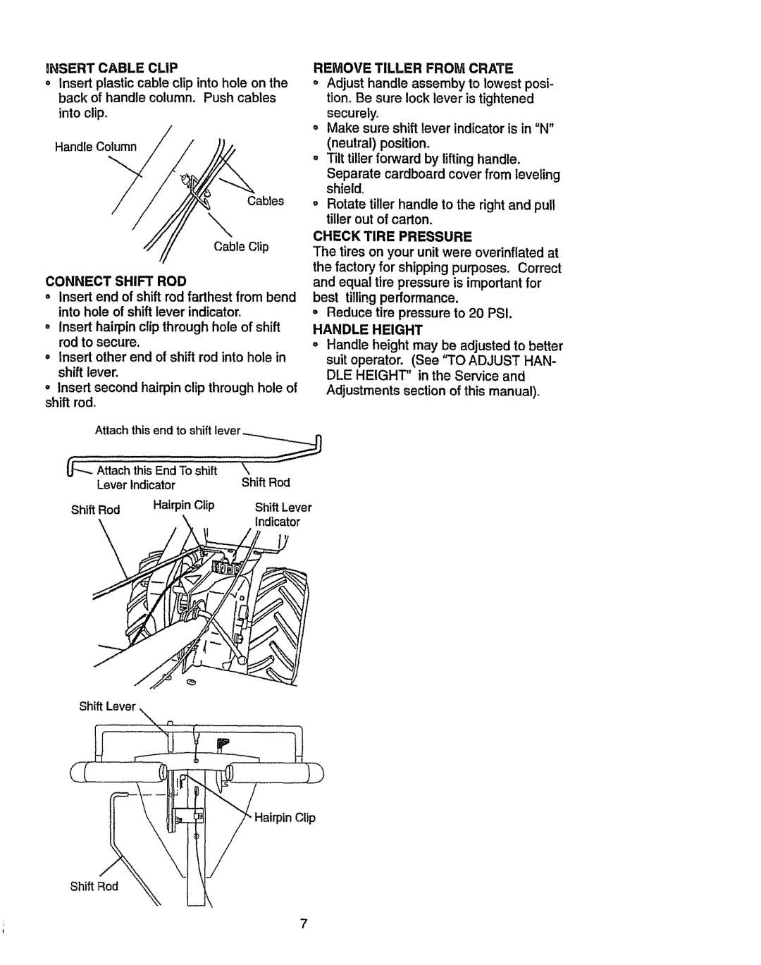 Craftsman 917.2933 Insertcable Clip, Connect Shift ROD, Remove Tiller from Crate, Check Tire Pressure, Handle Height 