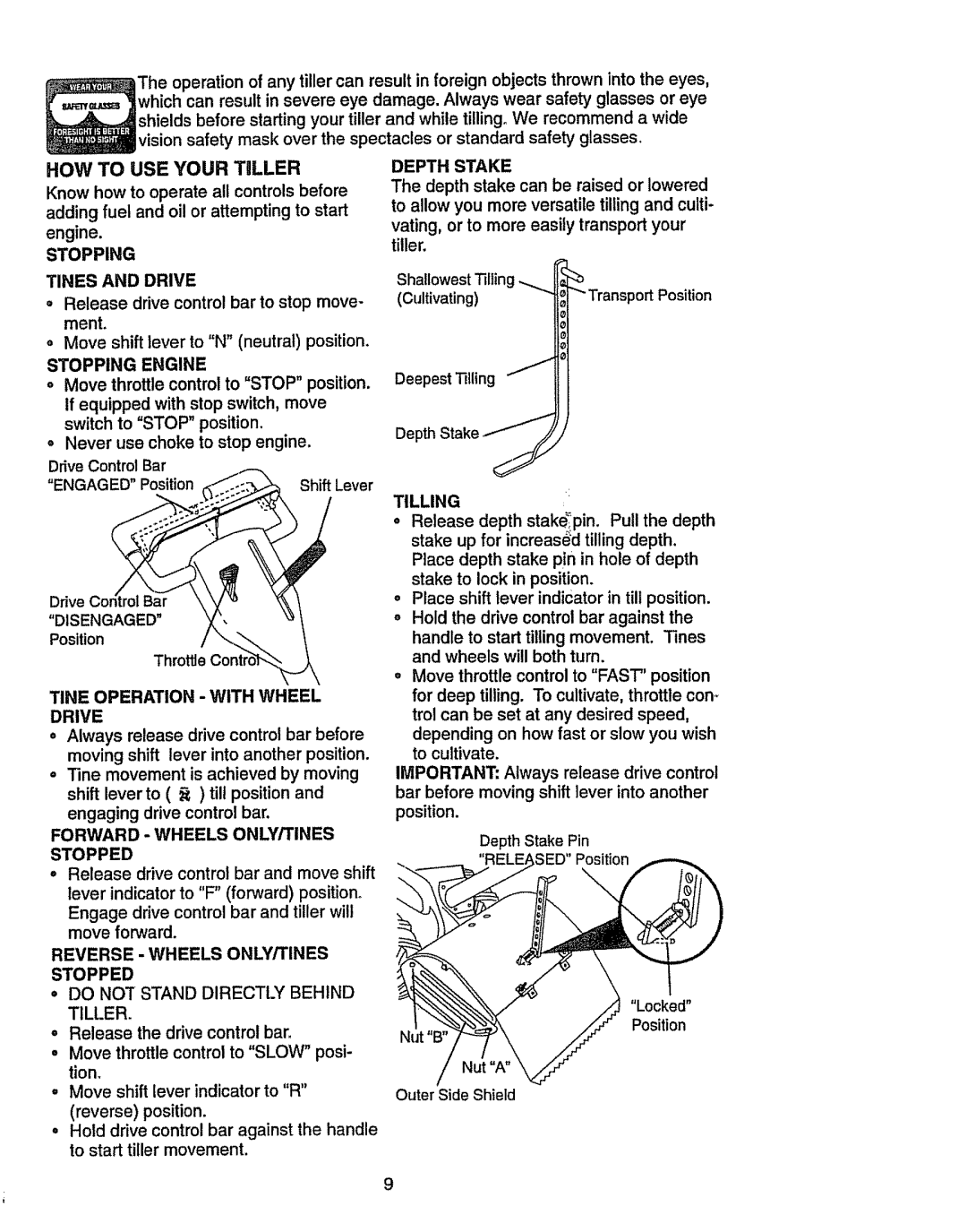 Craftsman 917.2933 HOW to USE Your Taller, Tines and Drive, Stopping Engine, Tine Operation with Wheel Drive, Depth Stake 