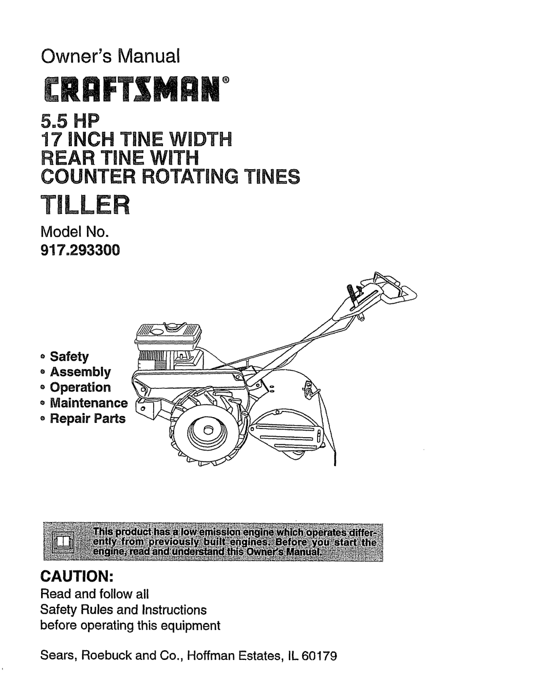 Craftsman owner manual Model No, 917.293300, oSafety Assembly Operation, oMaintenance, Repair Parts, TmLLE, 5.5 P 