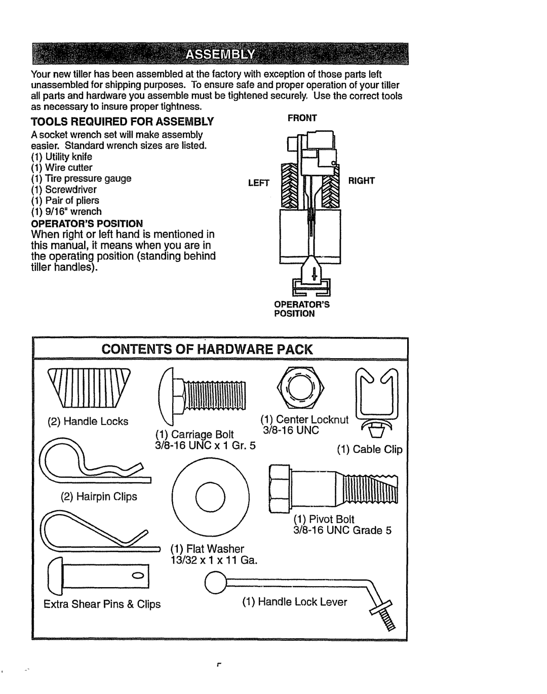 Craftsman 917.2933 owner manual Contents Of Hardware Pack, Center, Locknut, Carriage, Bolt, 3/8-16UNCx I Gr, Cable Clip 