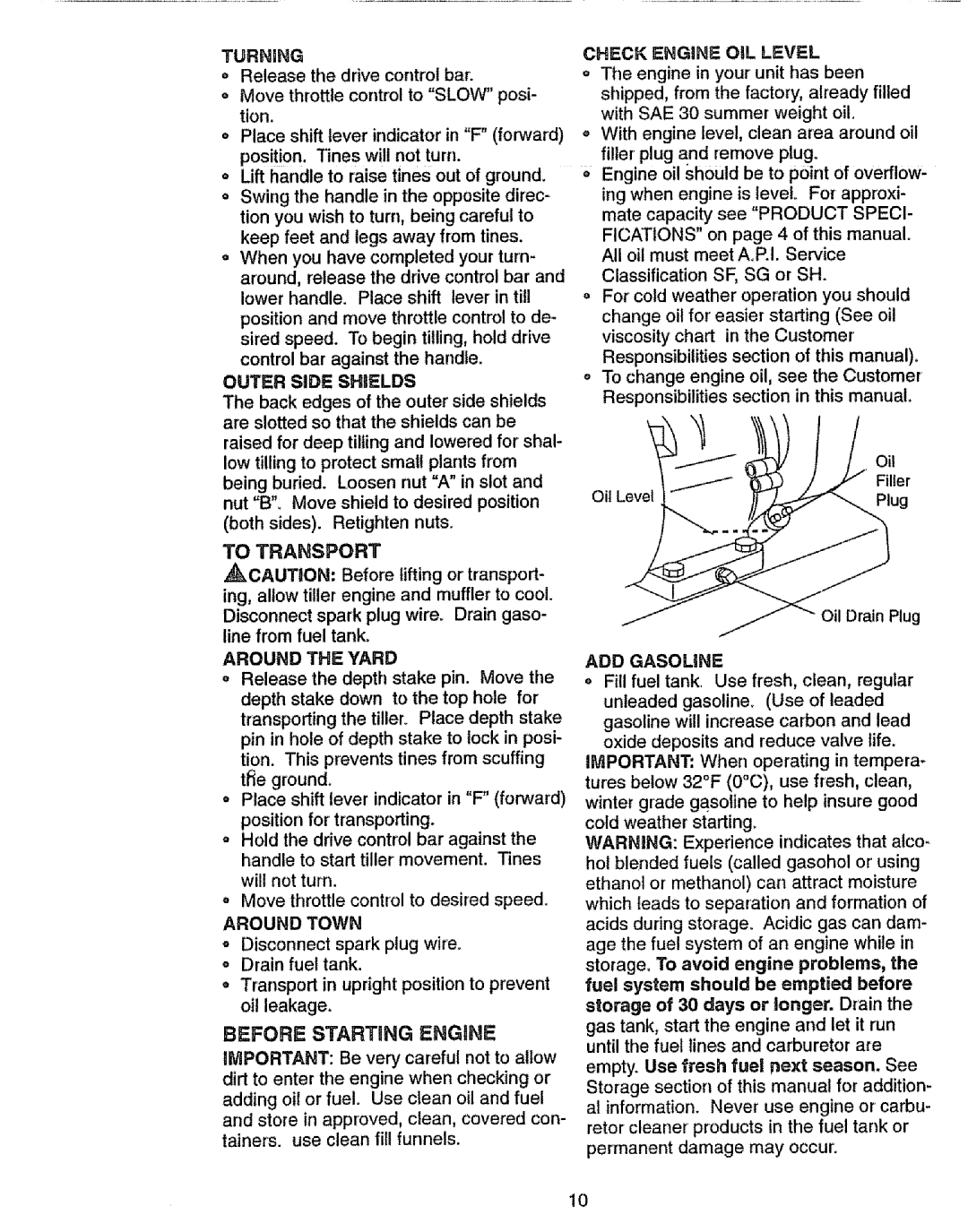 Craftsman 917.293301 Turning, Outer Side Shields, Around the Yard, Around Town, Before Starting Engine, ADD Gasoline 