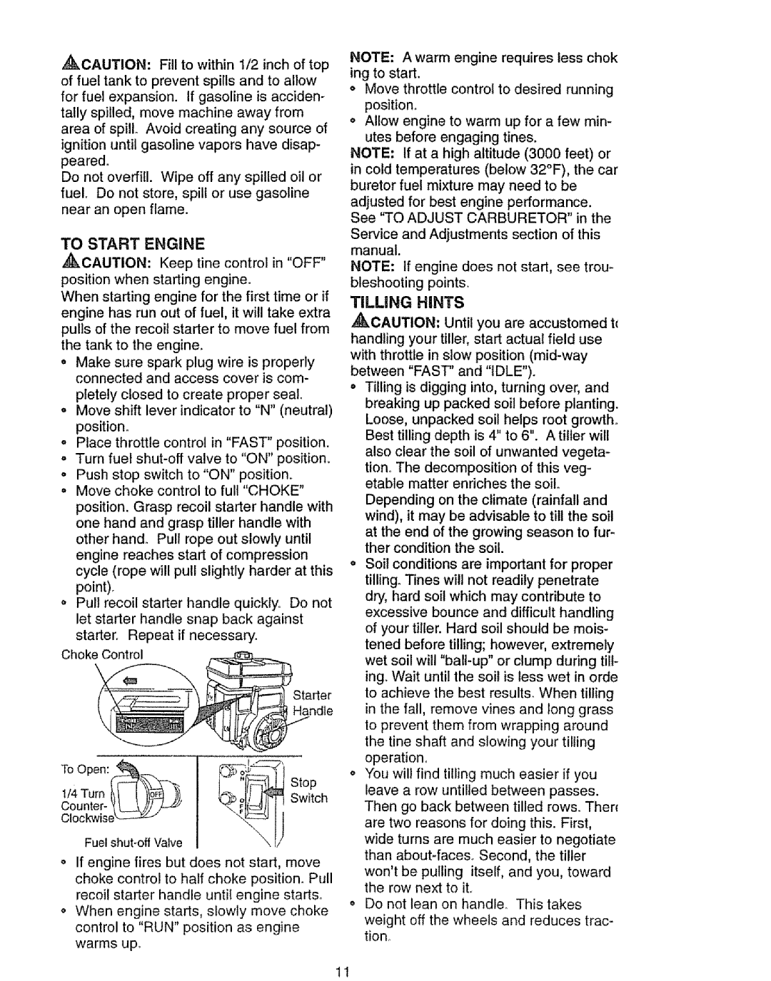 Craftsman 917.293301 owner manual To Start Engine, Tilling Hints 