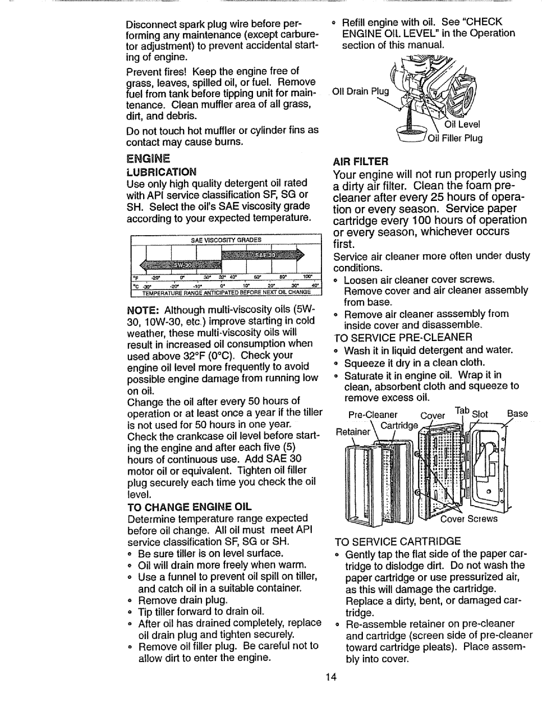 Craftsman 917.293301 owner manual Engine, AIR Filter, To Service PRE-CLEANER, To Service Cartridge 