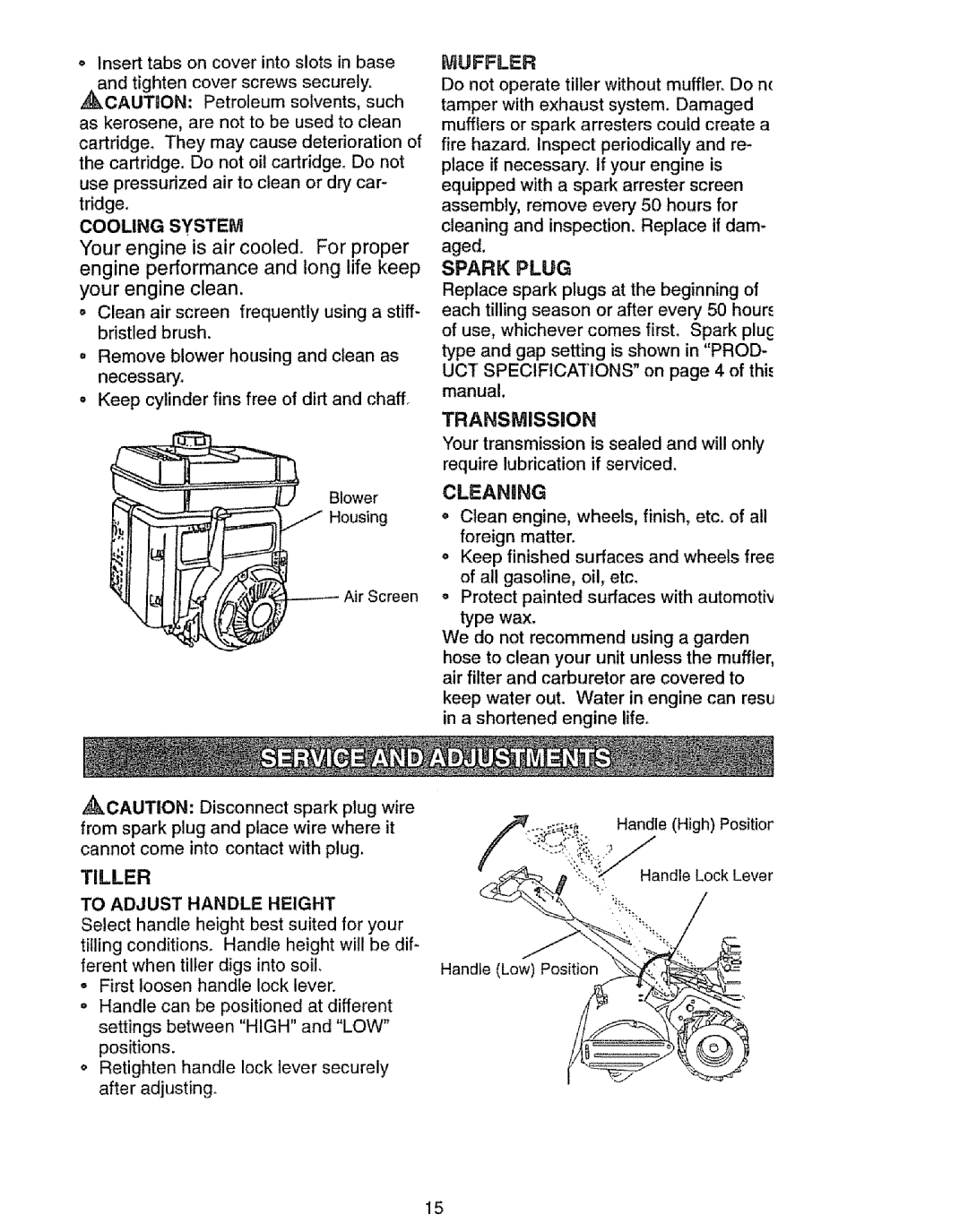 Craftsman 917.293301 owner manual Cooling System, Muffler, Spark Plug, Transmission, To Adjust Handle Height 