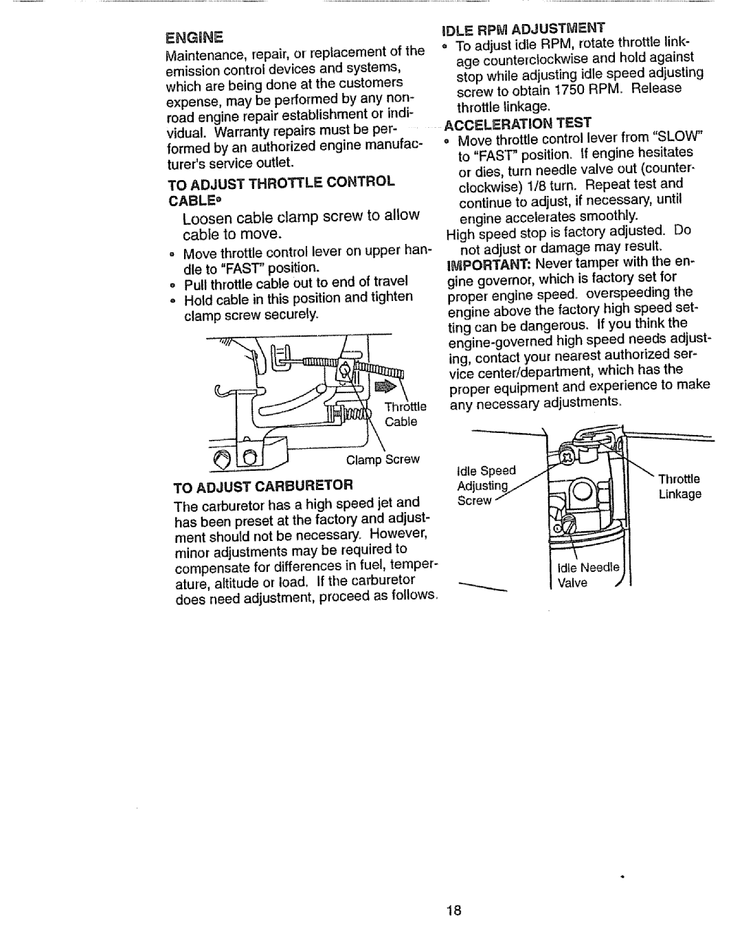 Craftsman 917.293301 To Adjust Throttle Control Cable, To Adjust Carburetor, IDLE RPM Adjustment, Acceleration Test 