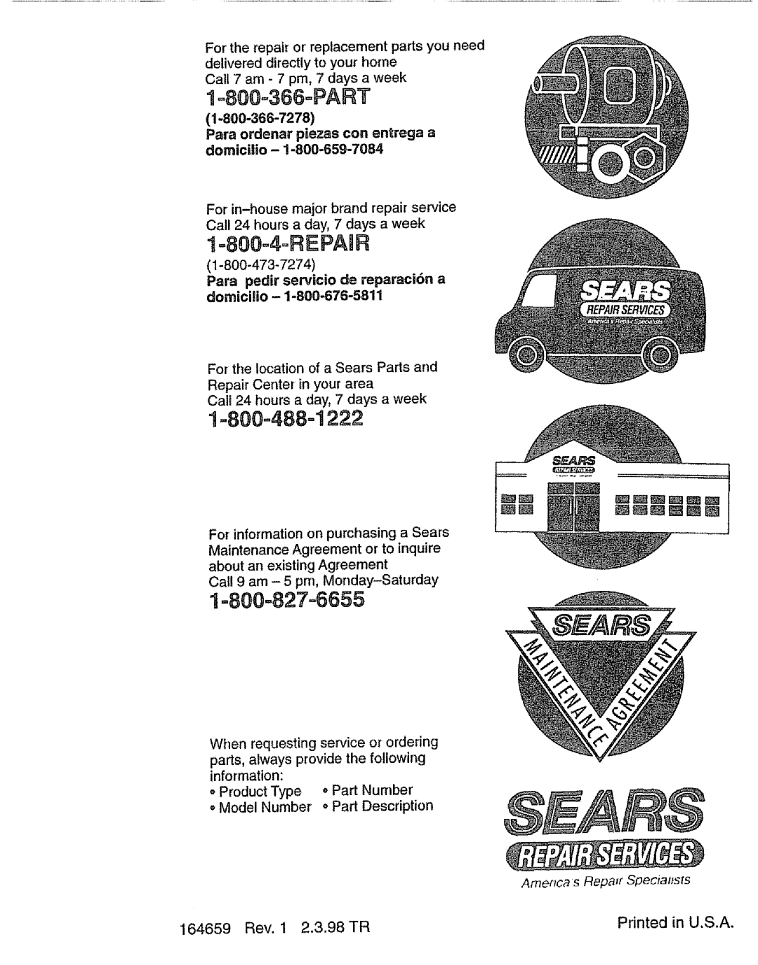 Craftsman 917.293301 owner manual Para ordenar piezas con enrega a domicilio, Para pedir servicio de reparacibn a domicilio 