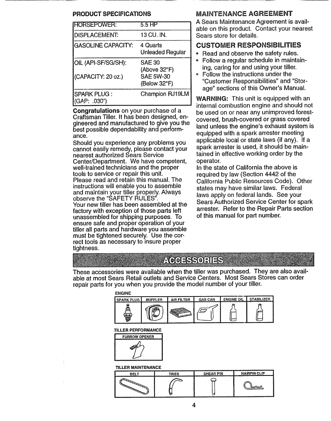 Craftsman 917.293301 owner manual Spark Plug, Maintenance Agreement, Customer REESPONSgBILITllES 