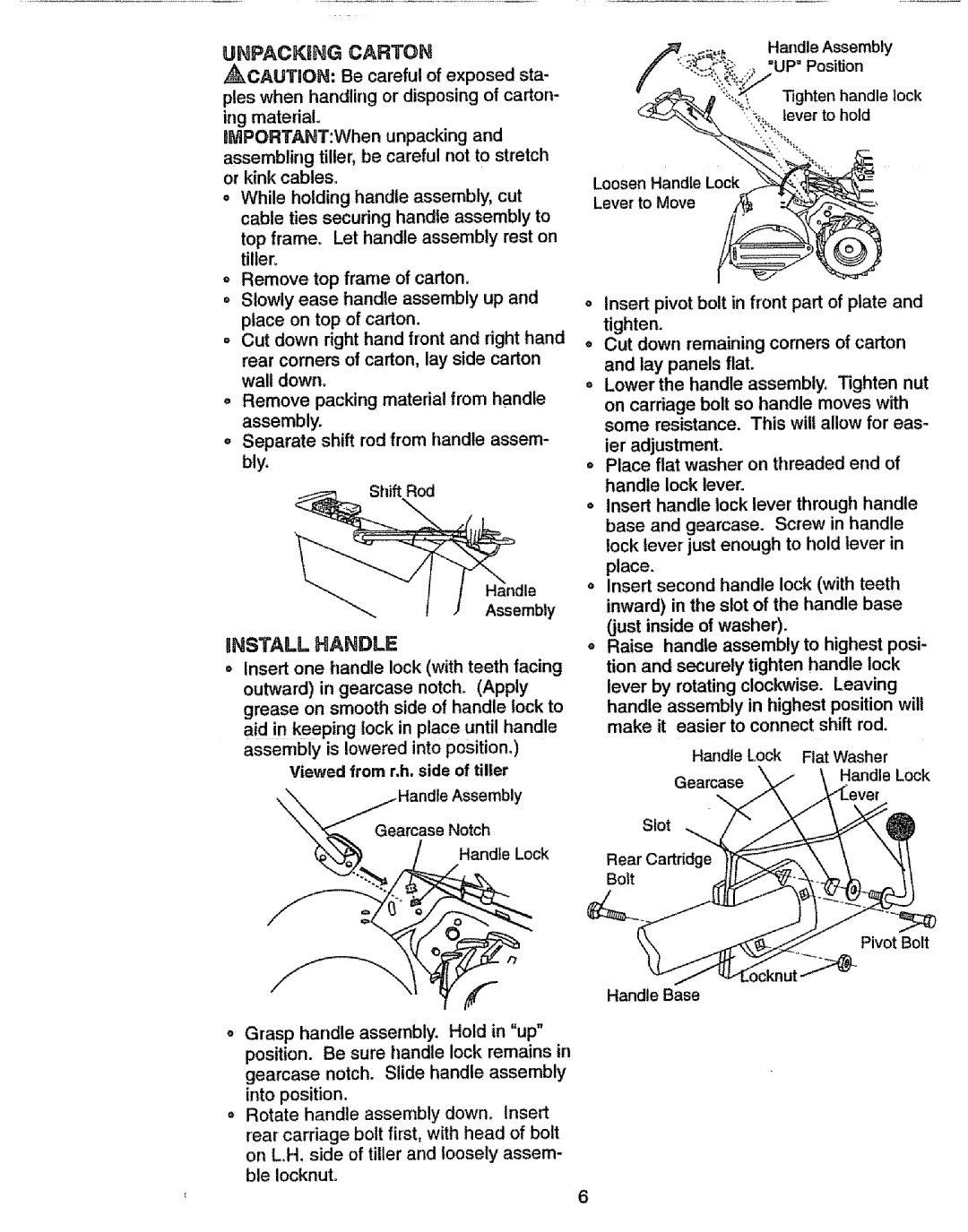 Craftsman 917.293301 owner manual Unpacking Carton, Viewed from r.h. side of tiller Handie Lock, Pivot Bolt 