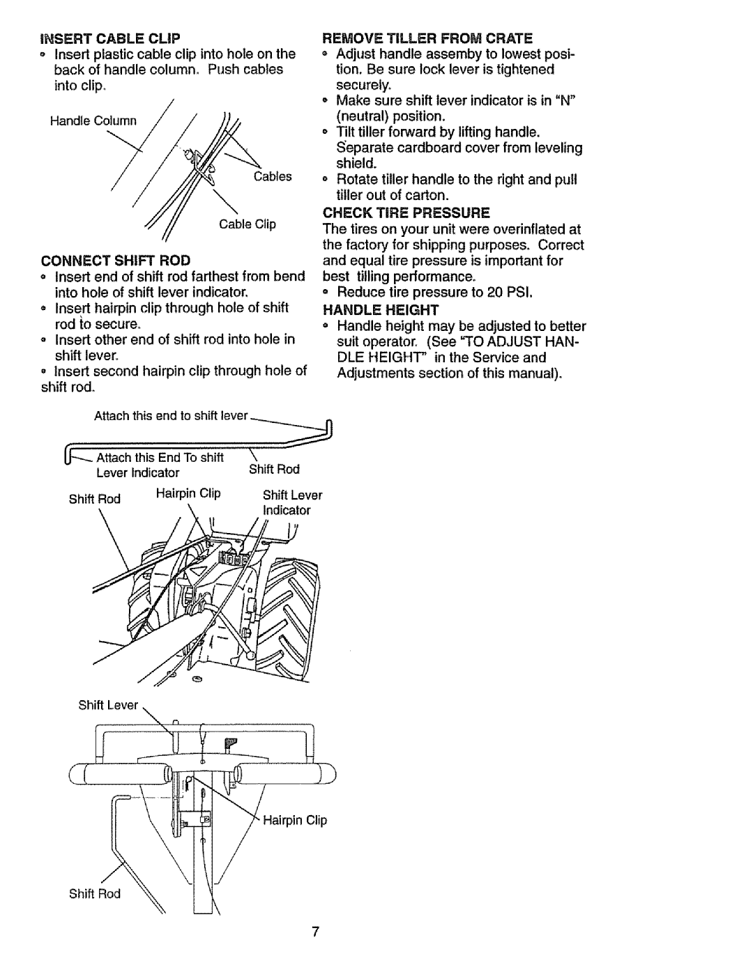 Craftsman 917.293301 owner manual Remove Tiller from Crate, Check, Connect Shift ROD, Handle Height 