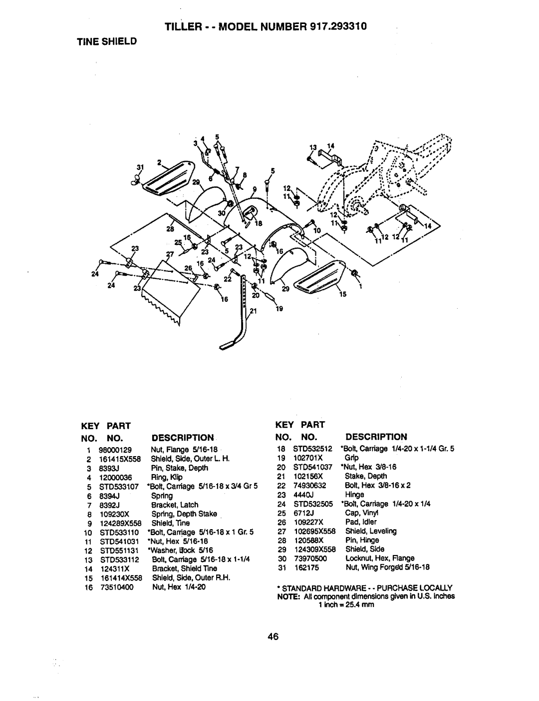 Craftsman 917.29331 owner manual Tine Shield, KEY Part NO. NO. Description 