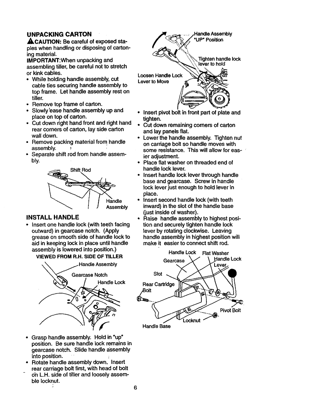 Craftsman 917.29331 owner manual Unpacking Carton, Install Handle, Viewed from R.H. Side of Tiller, NcaAbly 