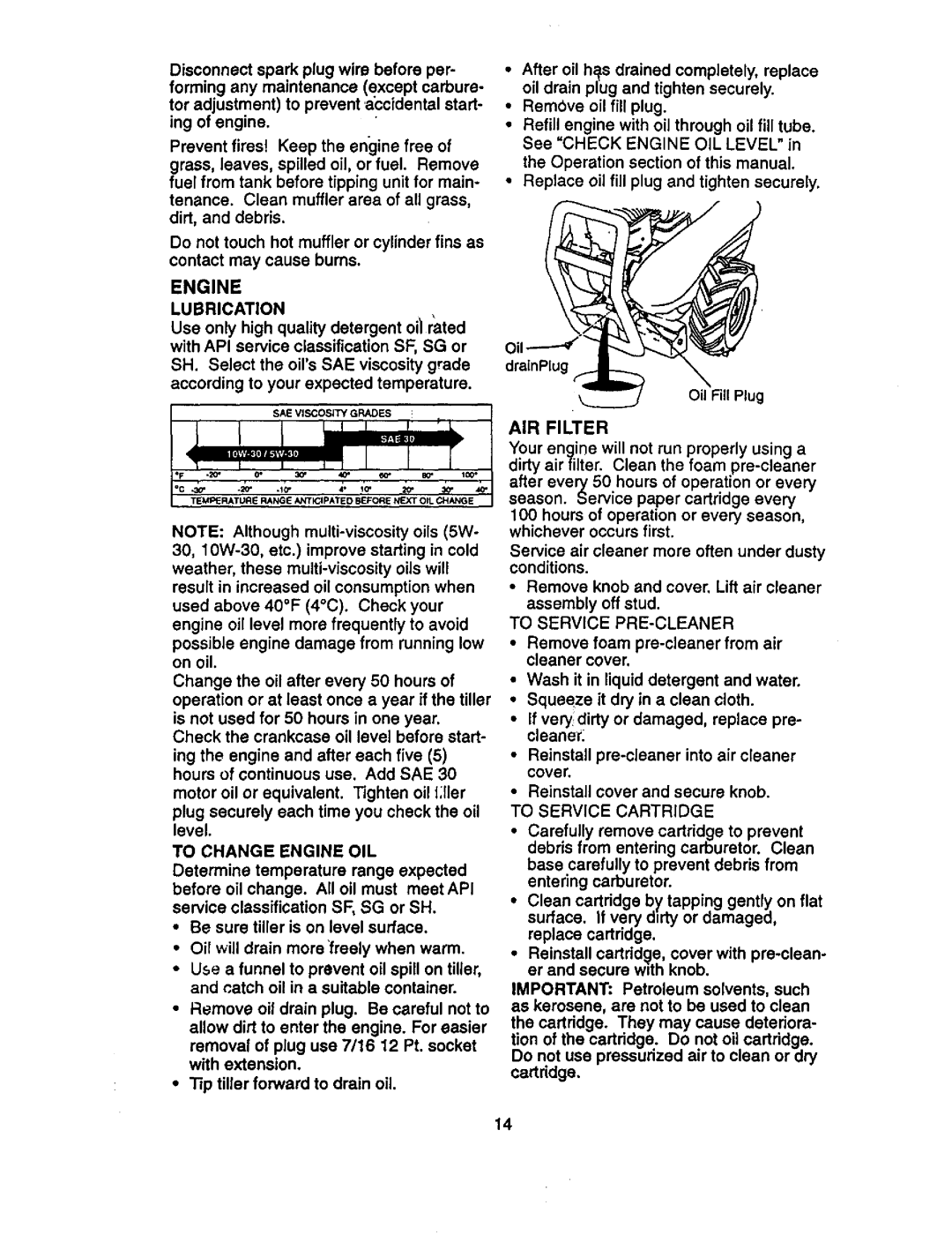 Craftsman 917.29332 Engine Lubrication, To Change Engine OIL, AIR Filter, To Service PRE-CLEANER, To Service Cartridge 