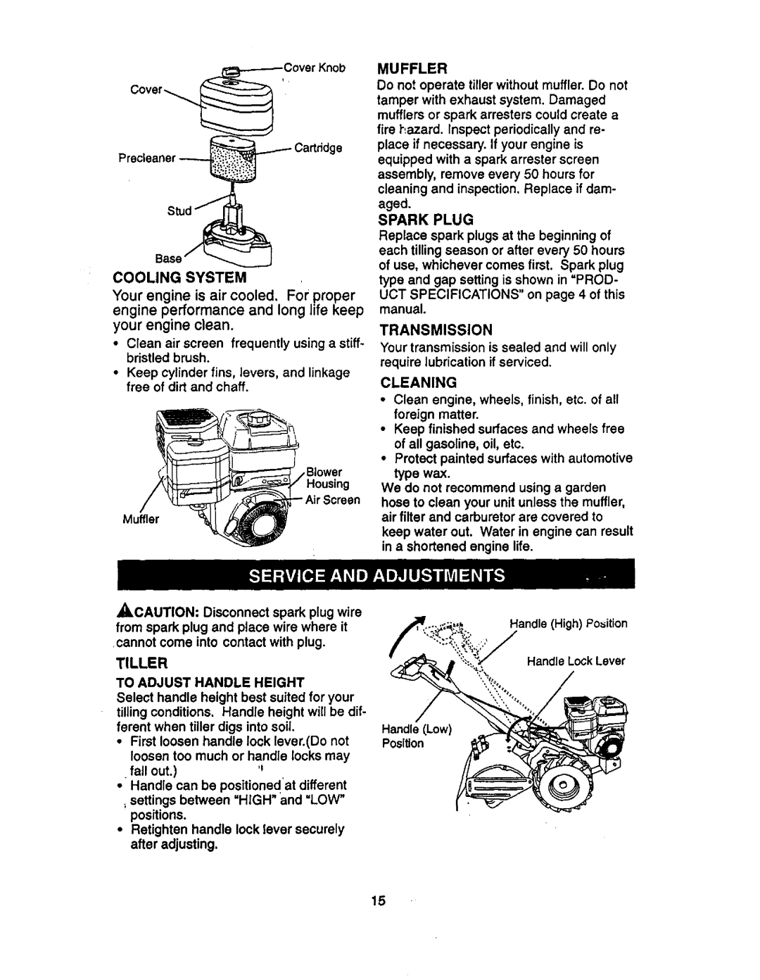 Craftsman 917.29332 owner manual To Adjust Handle Height, Muffler, Spark Plug, Transmission, Cleaning 