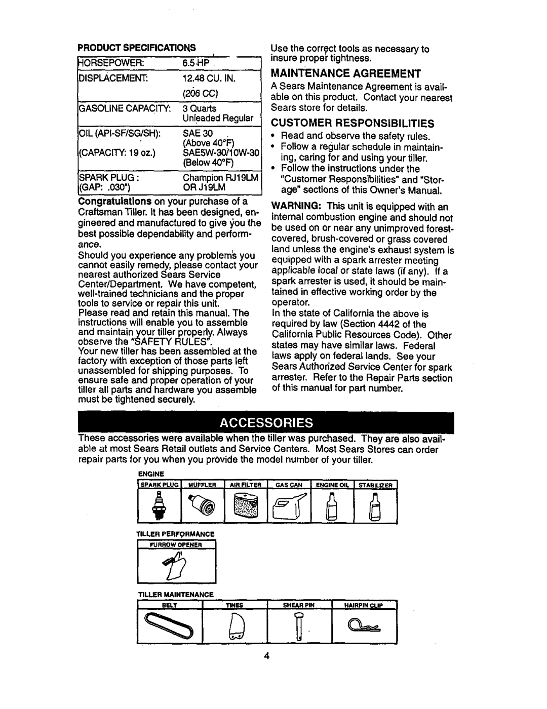 Craftsman 917.29332 owner manual Maintenance Agreement, Product Specifications, RJ19LM, Customer Responsibilities 