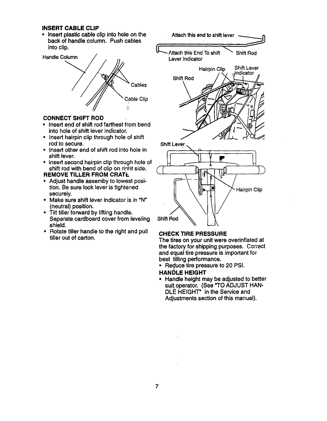 Craftsman 917.29332 owner manual Connect Shift ROD, Remove Tiller from Crate, Check Tire Pressure, Handle Height 