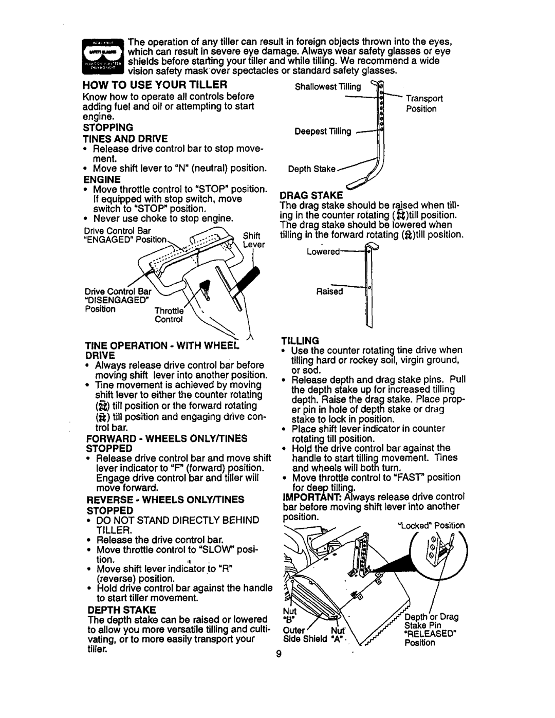 Craftsman 917.29332 HOW USE Your Tiller, Stopping, Tines Drive, Engine, Drag Stake, Tine Operation with Wheel Drive 