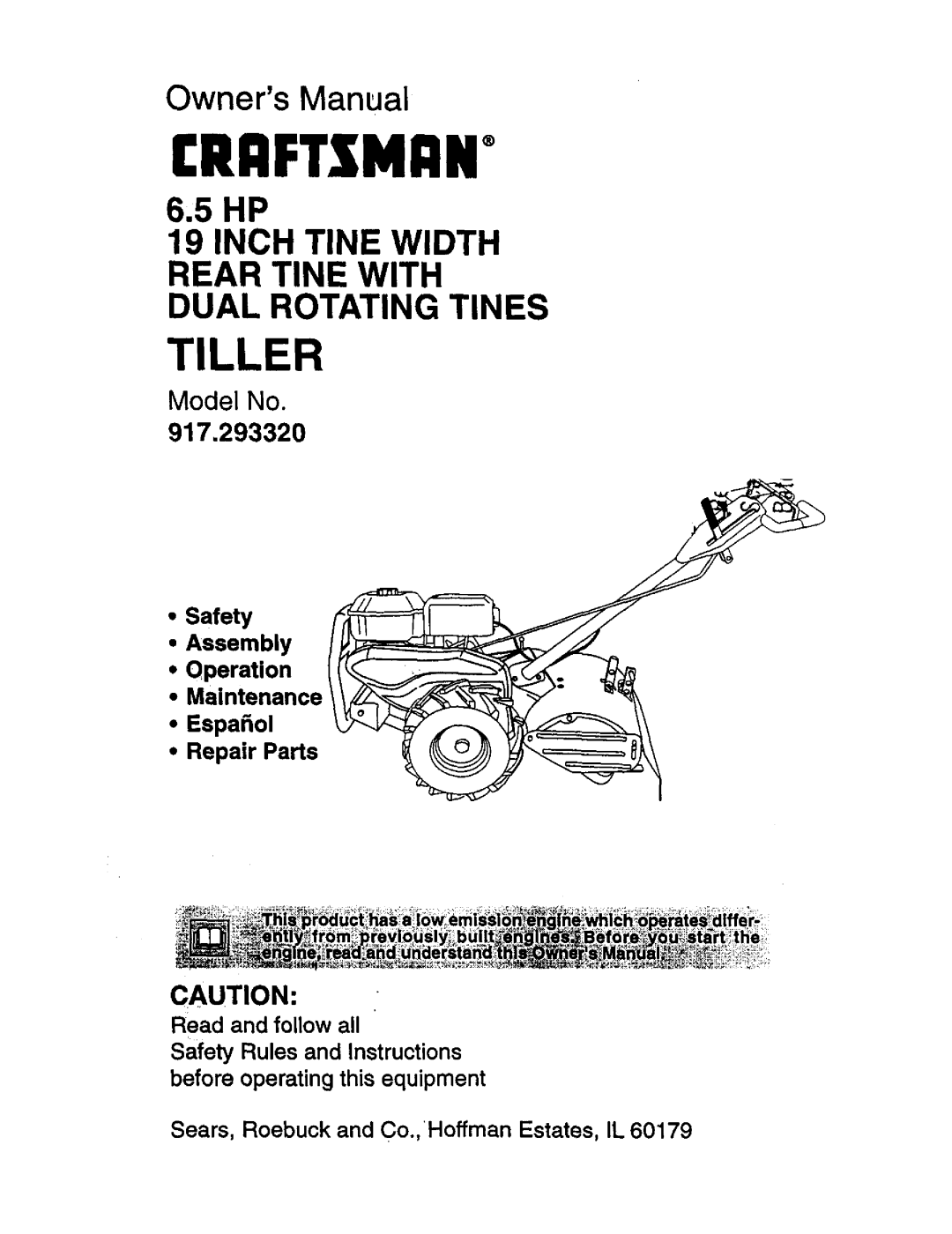 Craftsman owner manual Model No, 917.293320, Safety Assembly Operation Maintenance, Espa ol Repair Parts, Craftsman 